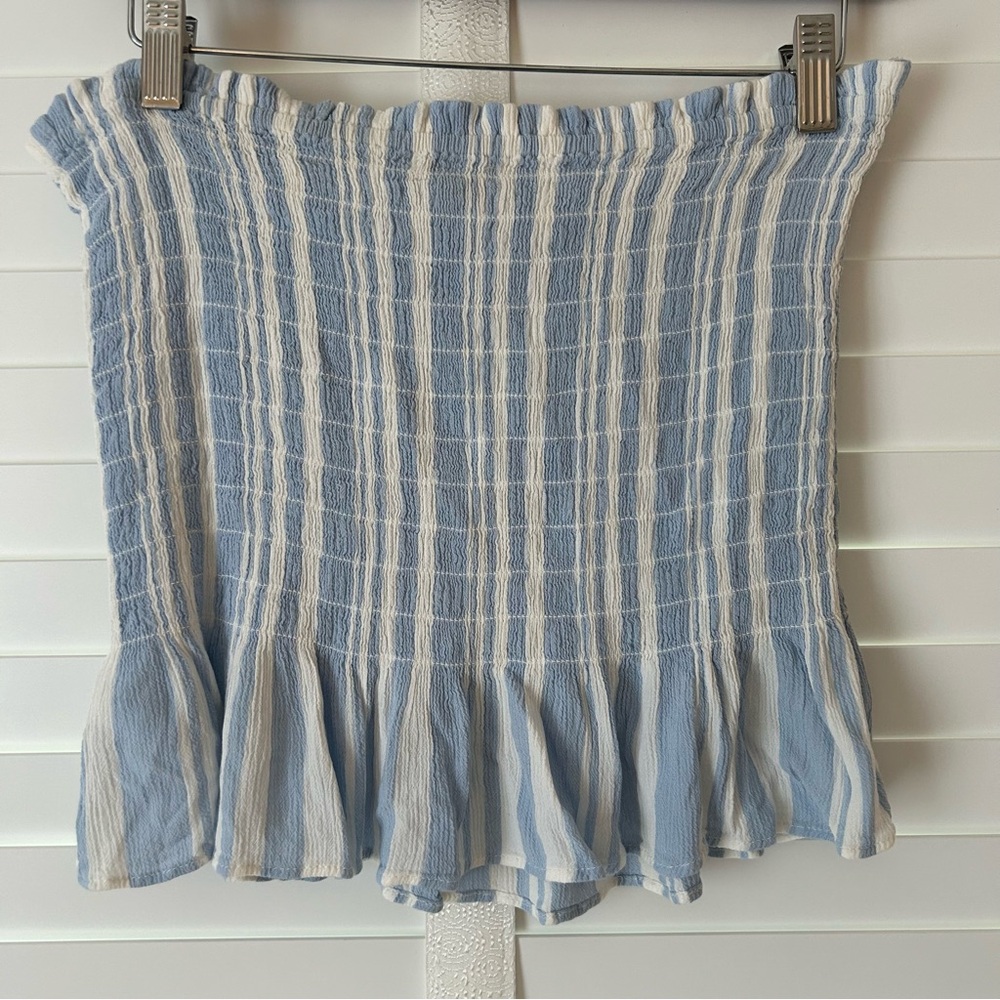 American Eagle Outfitters Strapless Top Blue White Stripe Smocking Crop Large